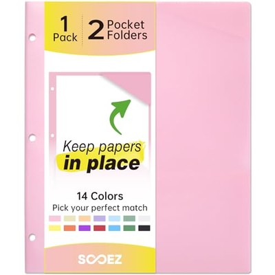  1 Pack Folder with Pockets 3 Hole Punched, Plastic Pockets Folders for 3 Pink