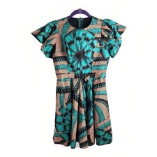 Girls African Wax Fabric Ankara Dress No Size Check Measurements Turquoise Brown