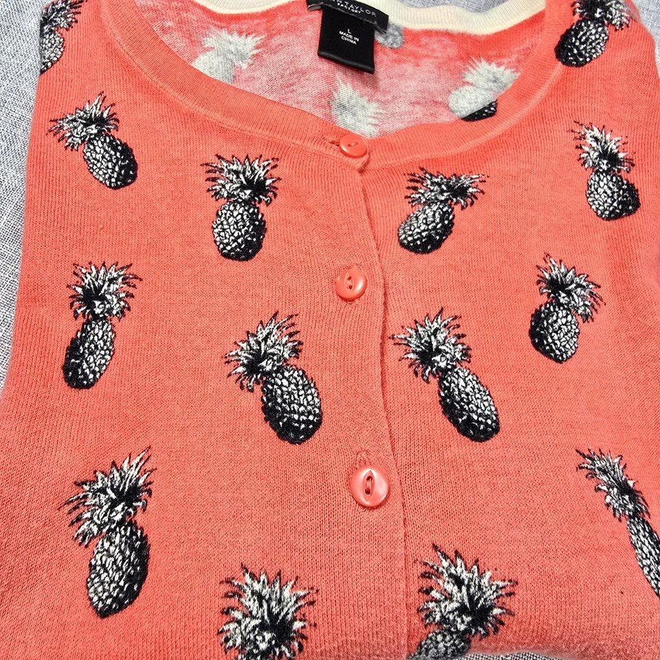 Ann Taylor Cardigan Pineapple Print Women's Large Colorful 3/4 Sleeve Coral Blk - Image 4 of 4