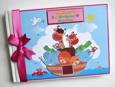 Personalised Noah S Ark Girl Boy First 1st Birthday Guest Book Any
