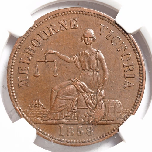 1858, Australia, Melbourne (City). Cu "Hide & De Carle" Penny Token. NGC AU-55!