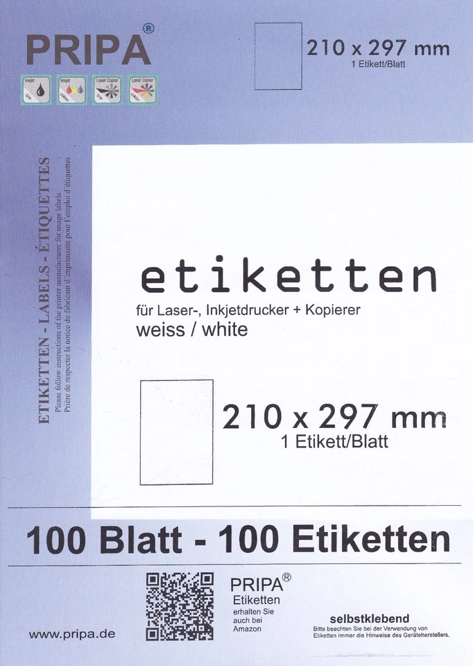 100 Blatt Klebe-Etiketten Format 210 x 297 mm selbstklebend / DIN A4 von PRIPA