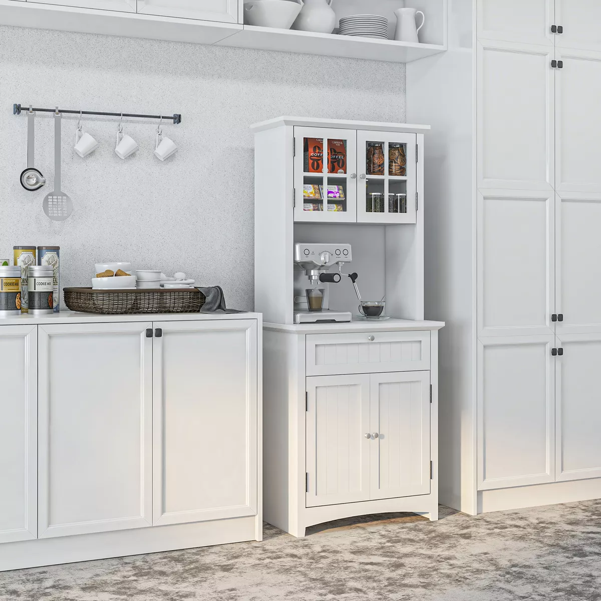 Kitchen Cupboard Wood Storage Cabinet w Drawer Glass Door for Dining Room White
