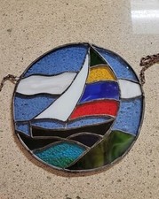 Vtg Stained Glass Sailboat Hanging Handcrafted Leaded 10.5  