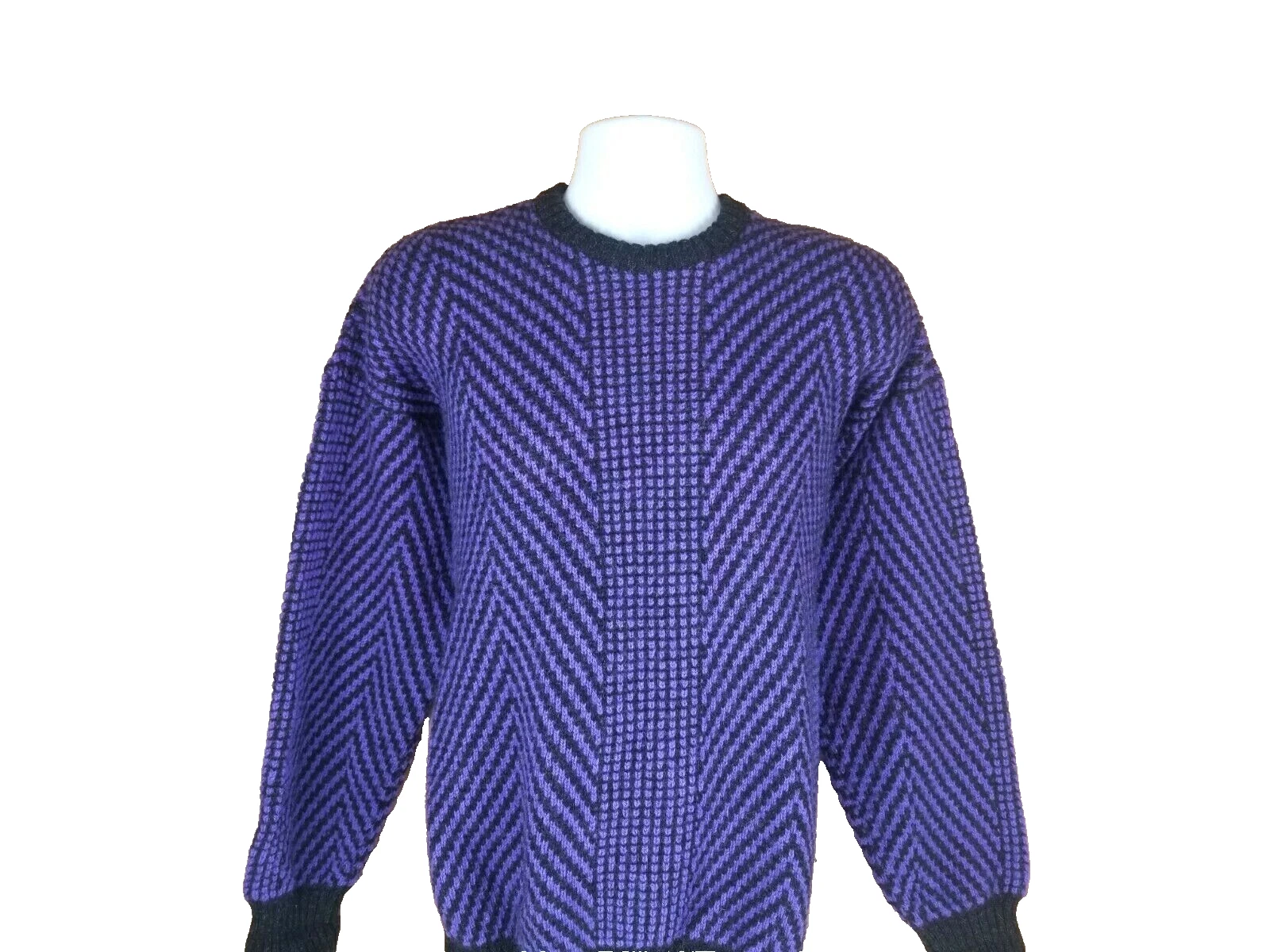 COOPER & ROE ~ Purple & Black 100% WOOL SWEATER SIZE Medium 80's Retro Geometric