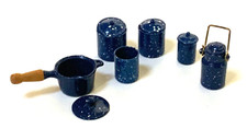 Miniature Dollhouse Blue Enamelware Graniteware Speckled Cookware Set Lot