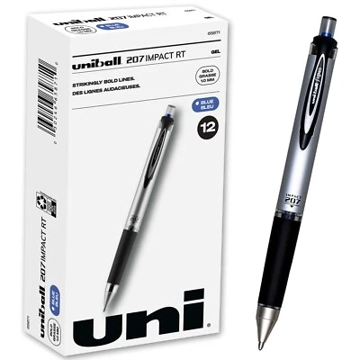 UNI-BALL Uniball 207 Impact RT 65871, 1.0 mm Bold Point, Blue Gel Ink Pen, Box of 12
