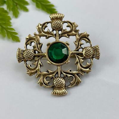 Vintage Gold Scottish Thistle Brooch Pin With Emerald Green Stone