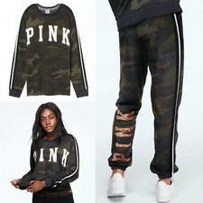 Victoria's Secret PINK Bling Camo Sweatshirt Pant Green/Gold Medium M NEW 150