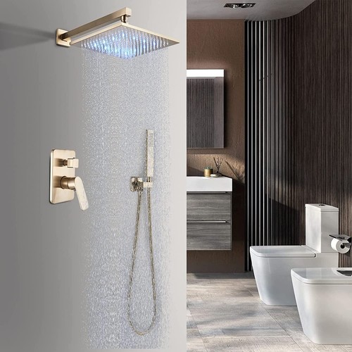 Brushed Gold Shower Faucet System LED 12'' Rain Shower Head Tub Filler Mixer Tap - Picture 8 of 46