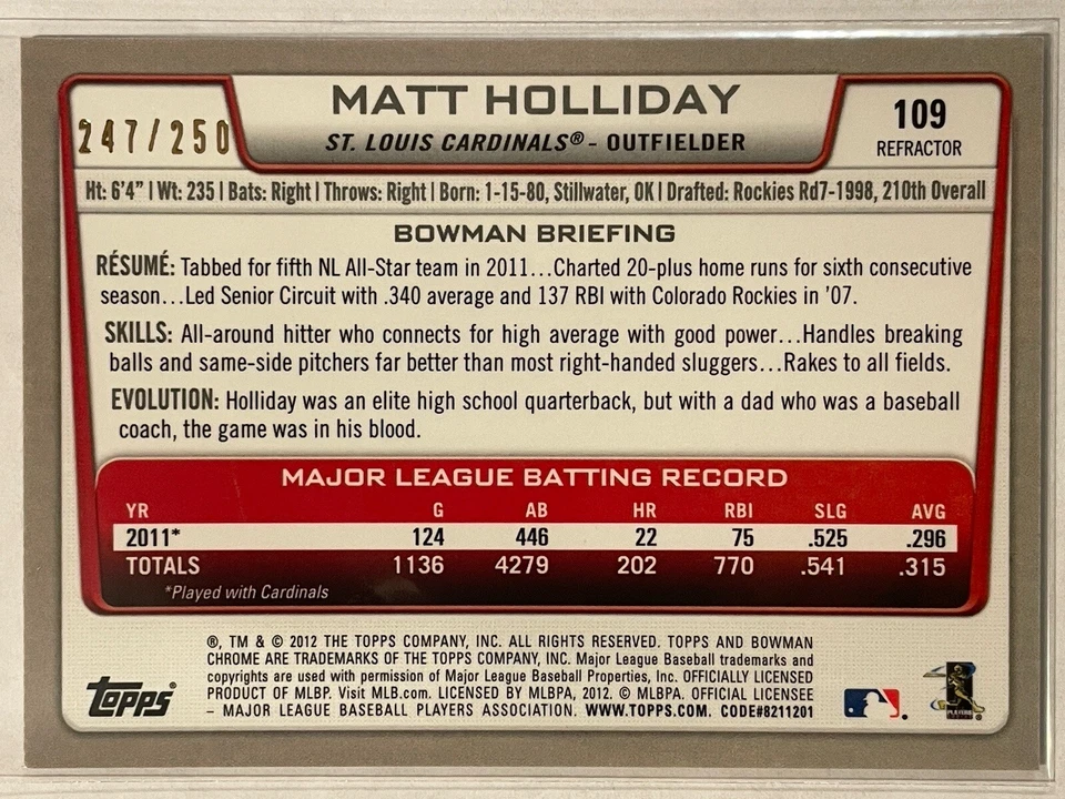Matt Holliday 2012 Bowman Chrome Blue Refractor #109 SP /250 St. Louis Cardinals - Image 2 of 3