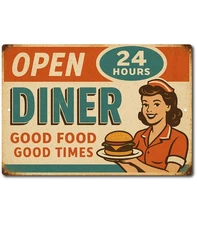 Retro 12x8 Diner Tin Sign Vintage Look Open 24 Hours Good Food Times Wall Decor