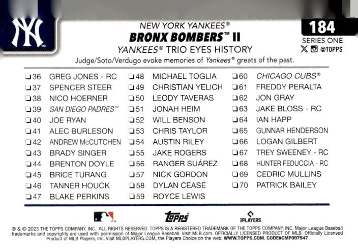 Bronx Bombers II: Yankees Trio Eyes History 2025 Topps