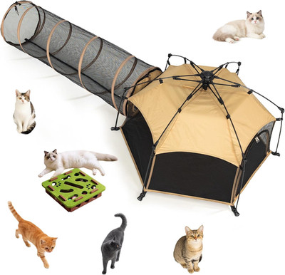 3-In-1 Cat Enclosure with Cat Tent,Tunnel & Interactive Toy, Portable Outdoor Ca