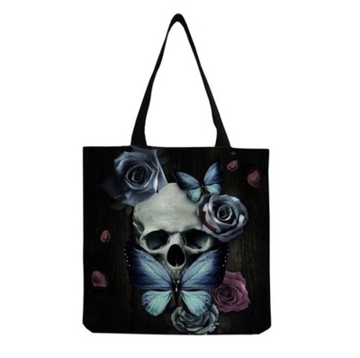 Black Tote Bag Purse Canvas Shopper Four Colorful Skulls and Flowers