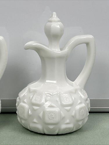 Vintage Westmoreland White Milk Glass Oil Vinegar Cruet Old Quilt MCM Lot Of 2 - Picture 3 of 11