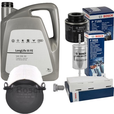 BOSCH Inspektionspaket 5 L VW Motoröl 0W-30 Longlife III FE für Golf Plus 1.4