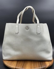 Tory Burch Metallic Grey Leather Perry Tote Blue Interior Pebbles Silver Bag