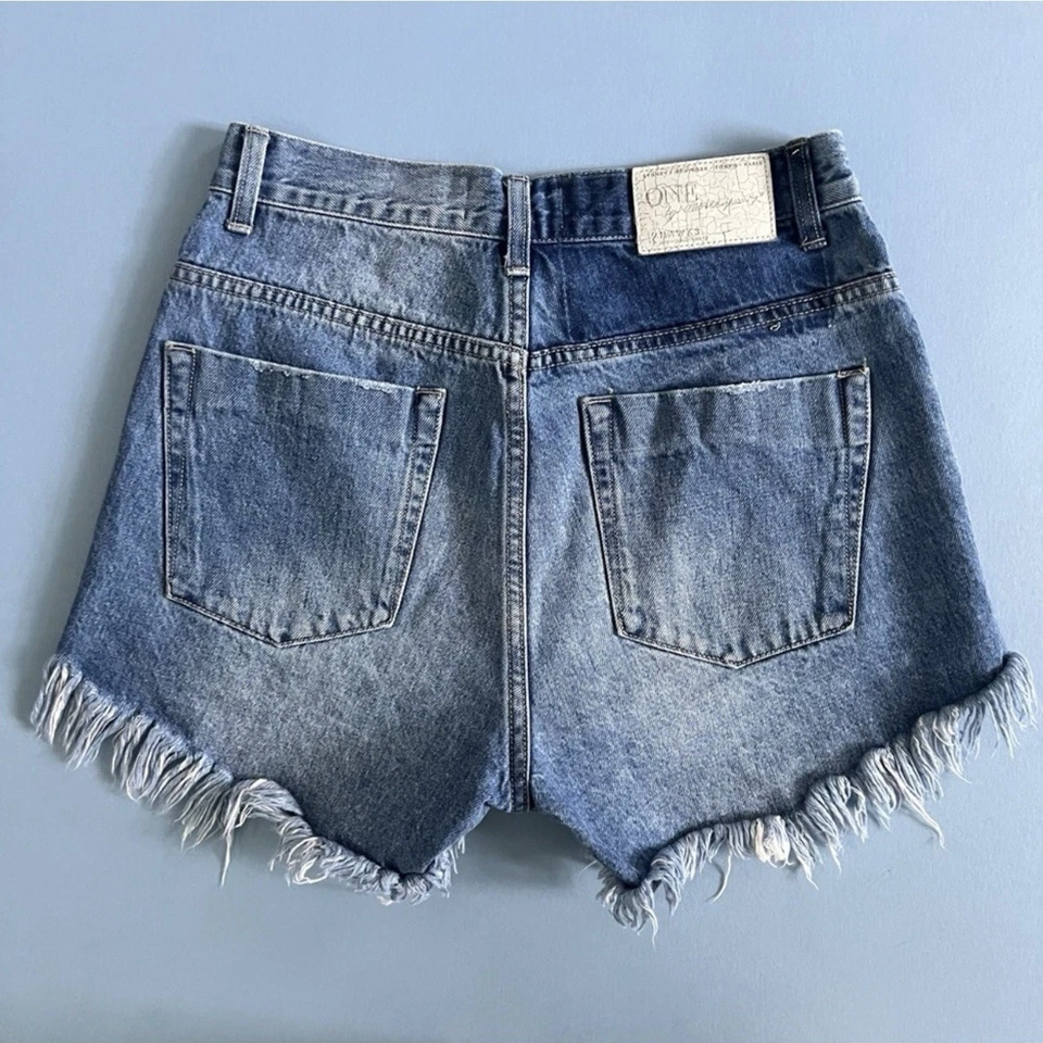 One Teaspoon Hawks Jean Shorts High Waist Raw Hem Distressed Denim Size 28 - Image 2 of 4