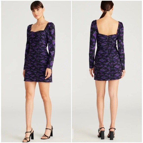 Amur Giulia Pleated Mini Dress Long Sleeve Black Purple Floral Size 6