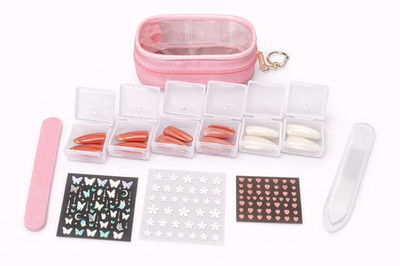 Press-On Nail Set White Pink Beige + Adhesive Tabs + Glass Nail File + Stickers