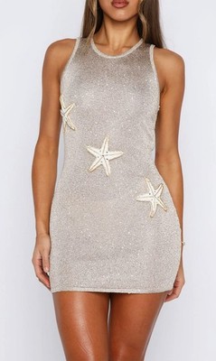 White Fox Boutique Mist Gold Glanz Pailletten Strick Party Anlass Minikleid M