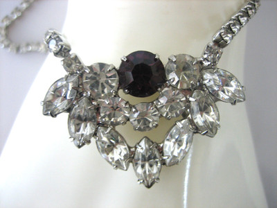 VINTAGE EISENBERG ICE CLEAR AND PURPLE RHINESTONE 18'' NECKLACE