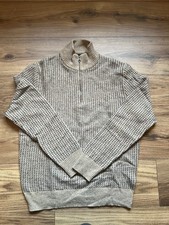 J Crew Mens L Quarter Zip Sweater Merino Wool Blend Beige Blue Birds Eye Knit