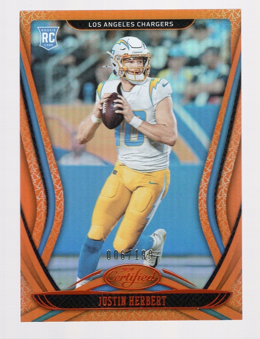 JUSTIN HERBERT 2020 PANINI CERTIFIED MIRROR ORANGE ROOKIE RC #/199 CHARGERS #103