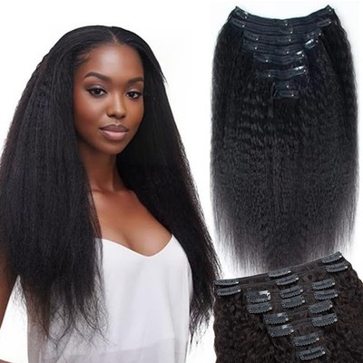 Double Weft Clip in Kinky Straight Real Human Hair Extensions Full Head THICK
