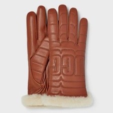 NWT UGG Genuine Leather Quilted Logo Gloves, Size Med, Chestnut, Touchscreen