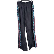 Johnny Was JW Los Angeles Pull On Black Embroidered Wide Leg Linen Pants Size 2X