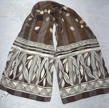 Vintage Italy Symphony Scarf Boho Brown Ivory Leaves Retro Semi-sheer Polyester