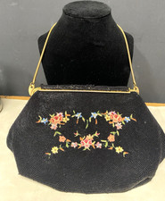 Vintage French Hand Made Micro Beaded Purse Clutch Black Floral Evening Bag