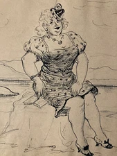 Very Beautiful Ink Drawing 1943 Beach Sea Paper Grotesque Character To Identify