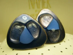 Vintage 80s Pop Hand Made Dark Blue Glass Enamel Triangle Screw Back Earrings