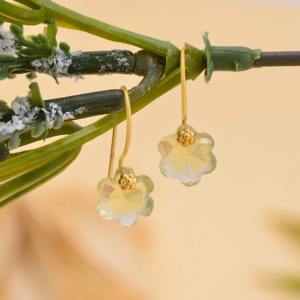 Pendientes colgantes cuarzo limón 10 mm flor - oro 22k para mujer regalo san valentín Foto 4 de 4