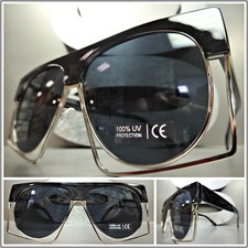 OVERSIZED VINTAGE RETRO Style SUN GLASSES Funky Black  Silver Frame Dark Lens