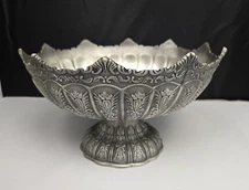 Vintage Metal Pedestal Bowl Ornate Embossed Floral Silvertone Scalloped 9.5"