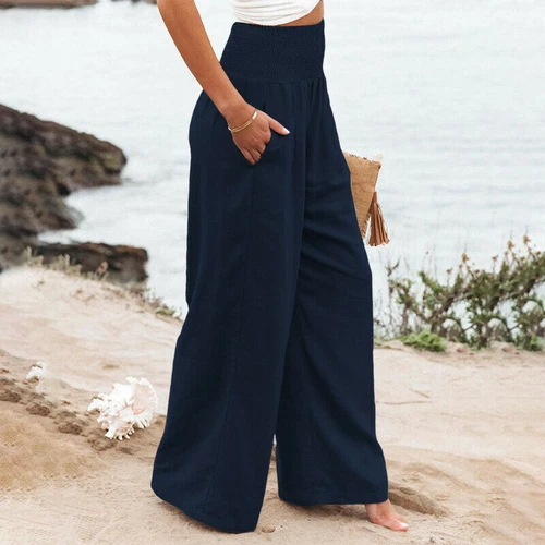 Women's High Waist Cotton Linen Trousers Ladies Casual Baggy Wide Leg Yoga - Picture 44 of 56