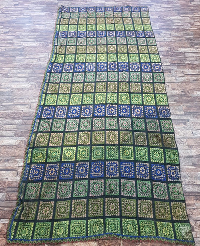 Vintage Handmade Traditional Floral Square Striped Floor Rug Carpet 247x108 cm