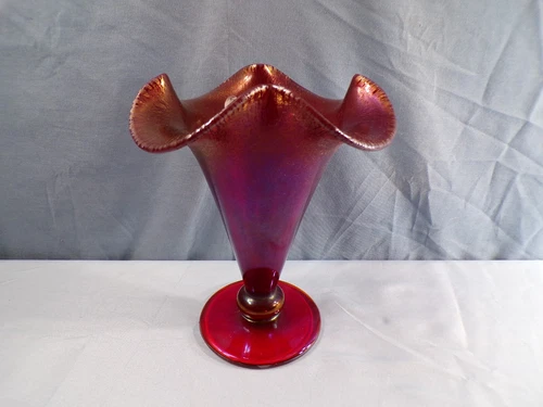 Fenton Red Stretch Glass Fluted Cone Shaped Vase 8" Tall