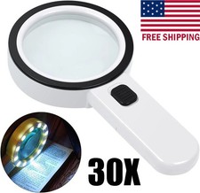 Jumbo Handheld Magnifying Glass w/ 12 Bright LED Illuminated 30X Magnifier US