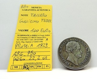 RARA MONETA IN ARGENTO TALLERO DI GUGLIELMO FEDER. DI PRUSSIA 1829 "A" 22 2 GR.