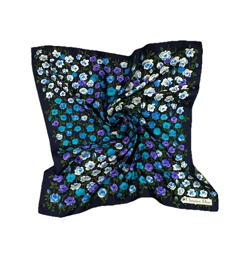 Foulard CHRISTIAN DIOR soie bleu violet imprimé fleurs 77x77cm, 31x31in Italie