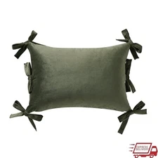 Green Velvet Bow Decorative Lumbar Pillow Soft Accent Throw Pillow Indoor Use