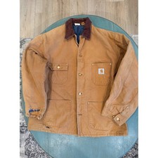 Vintage Carhartt Chore Coat Tan Duck Canvas Blanket Lined Distressed Men 48 8BLC