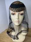 VTG 1950s Black Felt Cocktail Hat w/ Sequins & Full Face Veil Fascinator