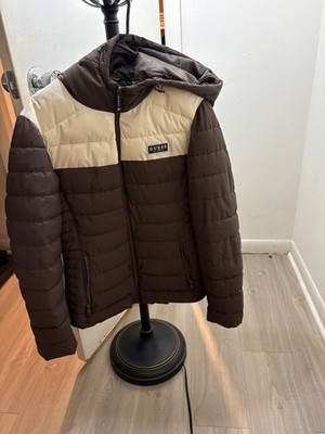 GUESS Los Angeles Hooded Puffer Jacket Brown Cream Colorblock Women's