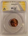 1955-D ANACS MS 66 RED CERTIFIED LINCOLN WHEAT CENT PENNY